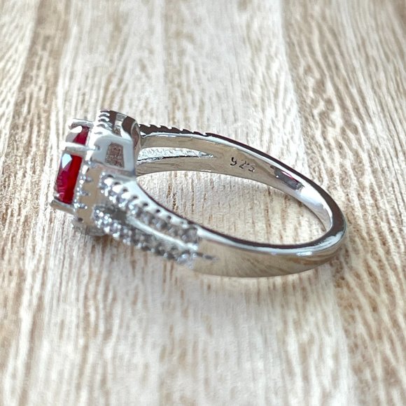 Round Simulated Ruby Halo Ring w/ Split Shank - 925 Sterling Silver - Picture 2 of 5